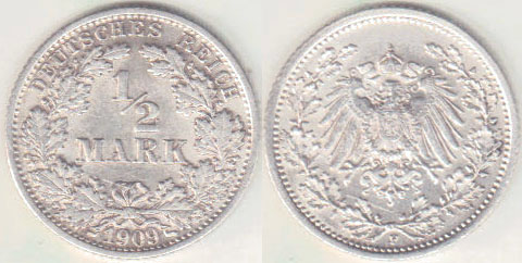 1909 F Germany silver 1/2 Mark A004620